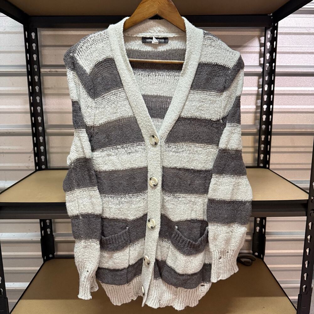 Urban Outfitters Grey Striped Distressed Knit Cardigan Size S Women's